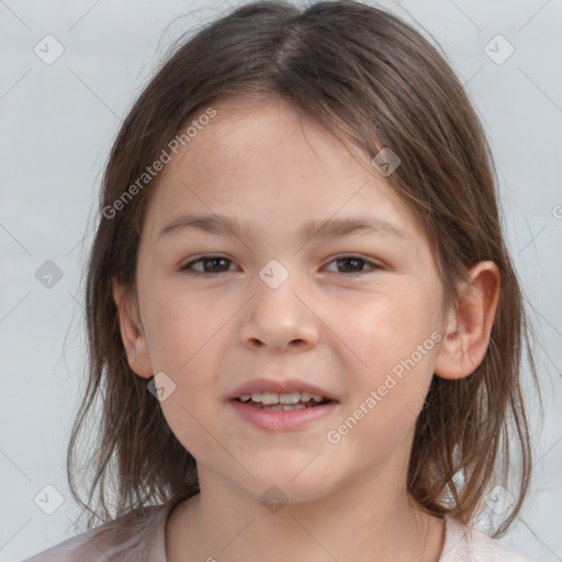 Joyful white child female with medium  brown hair and brown eyes