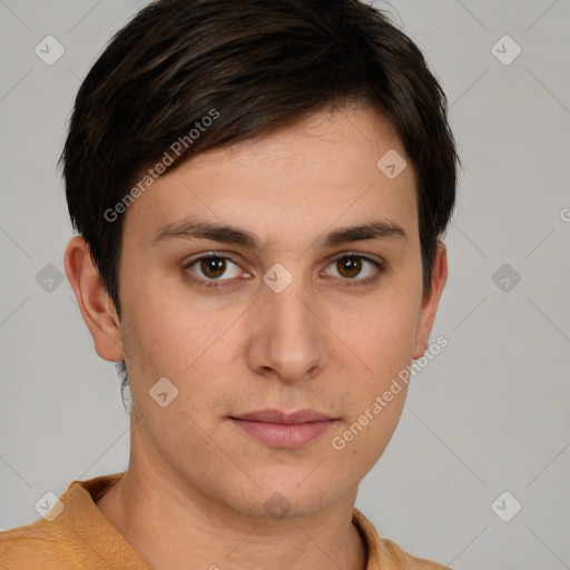 Neutral white young-adult male with short  brown hair and grey eyes