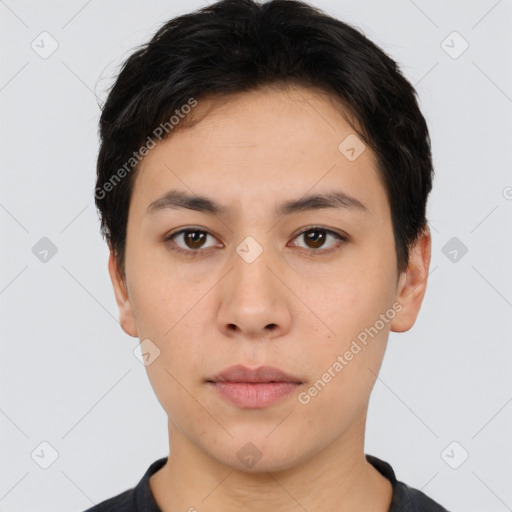 Neutral asian young-adult female with short  black hair and brown eyes