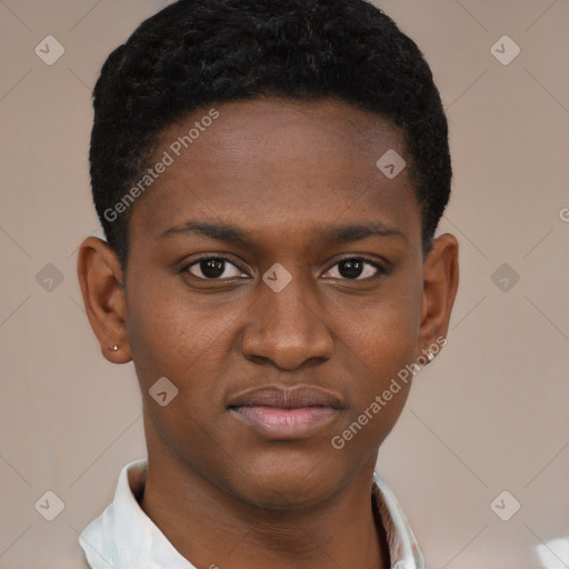 Joyful black young-adult male with short  brown hair and brown eyes