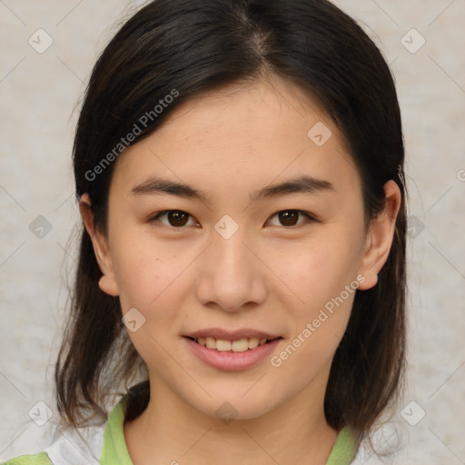 Joyful white young-adult female with medium  brown hair and brown eyes