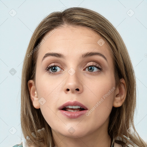 Neutral white young-adult female with long  brown hair and grey eyes