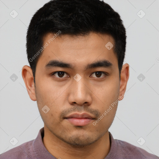 Neutral asian young-adult male with short  black hair and brown eyes