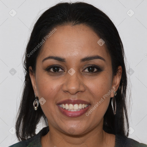 Joyful black young-adult female with medium  brown hair and brown eyes