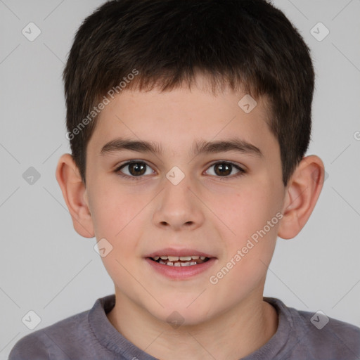 Joyful white child male with short  brown hair and brown eyes