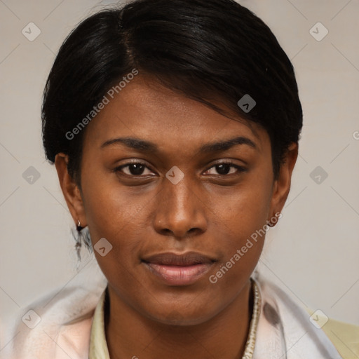 Joyful latino young-adult female with medium  brown hair and brown eyes