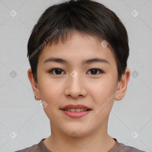 Joyful asian young-adult female with short  brown hair and brown eyes