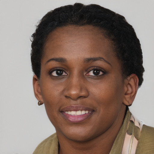 Joyful black young-adult female with short  brown hair and brown eyes