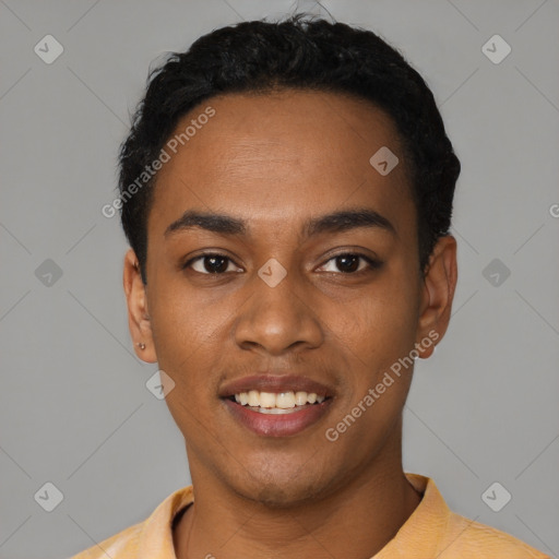 Joyful latino young-adult male with short  black hair and brown eyes