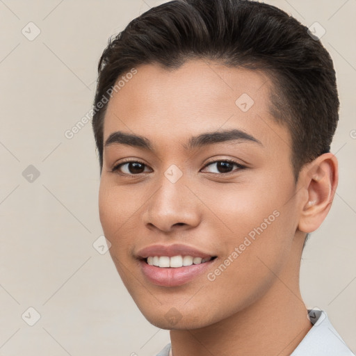 Joyful white young-adult female with short  brown hair and brown eyes