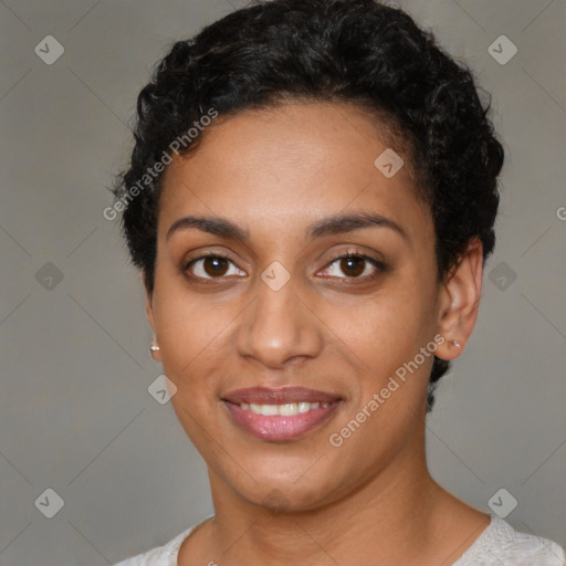 Joyful latino young-adult female with short  black hair and brown eyes