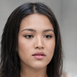 Neutral asian young-adult female with long  brown hair and brown eyes