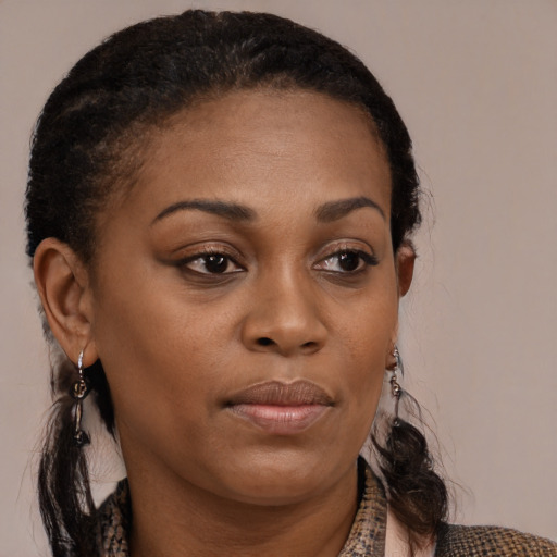 Joyful black young-adult female with medium  brown hair and brown eyes