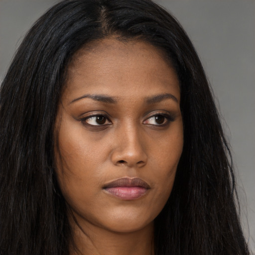 Neutral asian young-adult female with long  brown hair and brown eyes