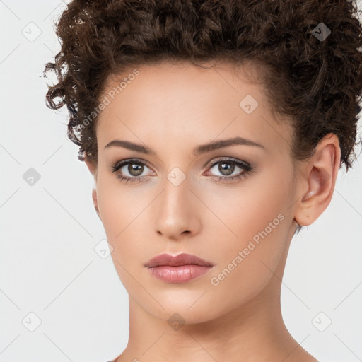 Neutral white young-adult female with short  brown hair and brown eyes