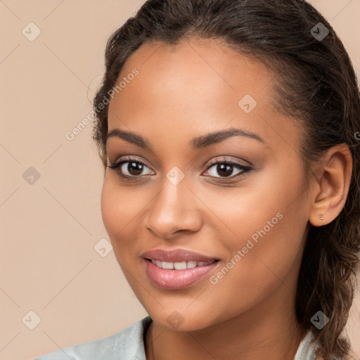 Joyful white young-adult female with long  brown hair and brown eyes