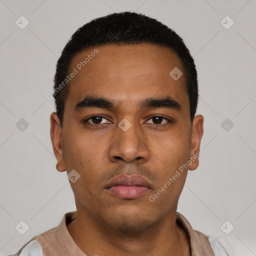 Neutral latino young-adult male with short  black hair and brown eyes