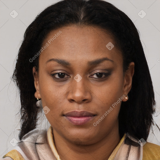 Neutral black young-adult female with medium  brown hair and brown eyes