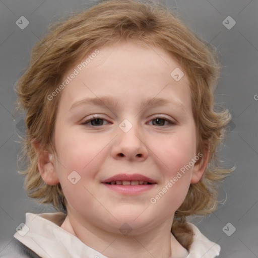 Joyful white child female with medium  brown hair and blue eyes