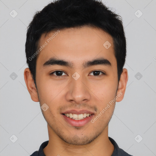 Joyful latino young-adult male with short  brown hair and brown eyes