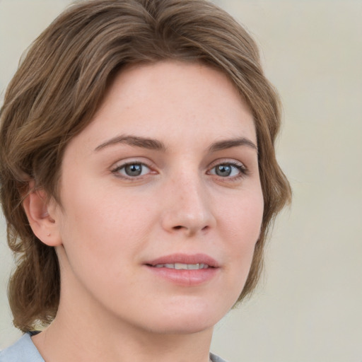 Neutral white young-adult female with medium  brown hair and grey eyes