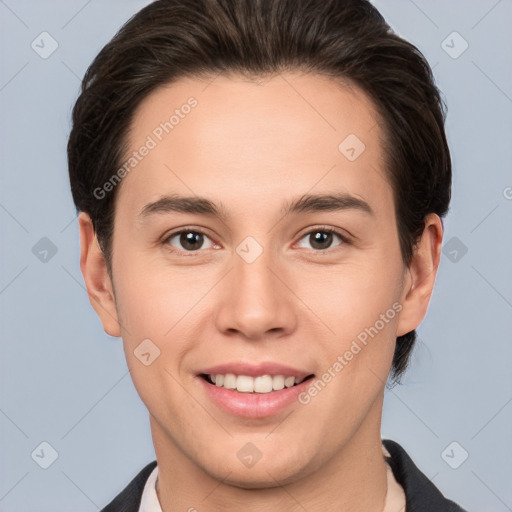 Joyful white young-adult female with short  brown hair and brown eyes