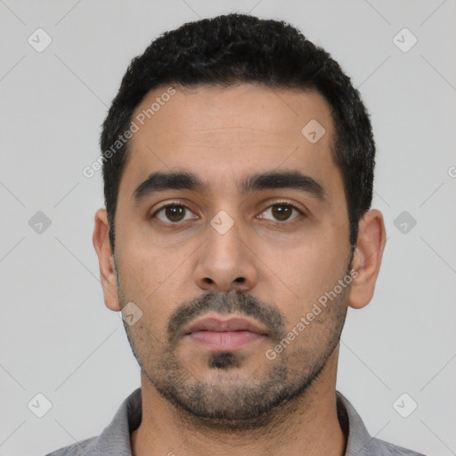 Neutral latino young-adult male with short  black hair and brown eyes
