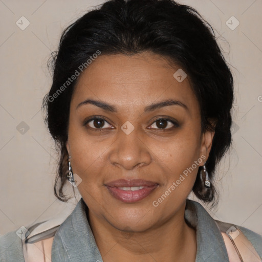 Joyful black adult female with medium  brown hair and brown eyes