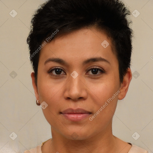 Neutral white young-adult female with short  brown hair and brown eyes