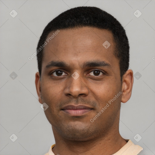 Neutral black young-adult male with short  black hair and brown eyes