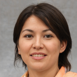 Joyful white adult female with medium  brown hair and brown eyes