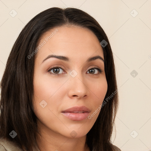 Neutral white young-adult female with long  brown hair and brown eyes