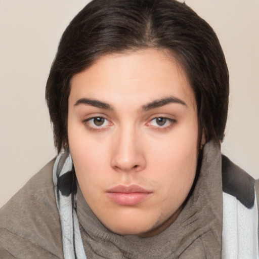 Neutral white young-adult female with medium  brown hair and brown eyes