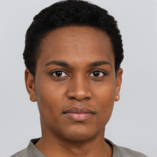 Neutral black young-adult female with short  black hair and brown eyes