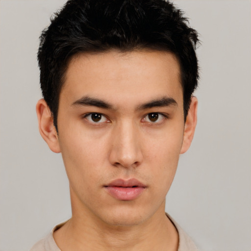 Neutral asian young-adult male with short  black hair and brown eyes