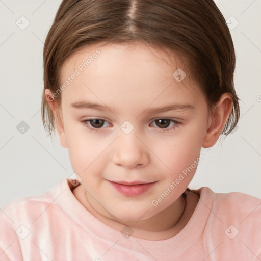 Joyful white child female with short  brown hair and brown eyes