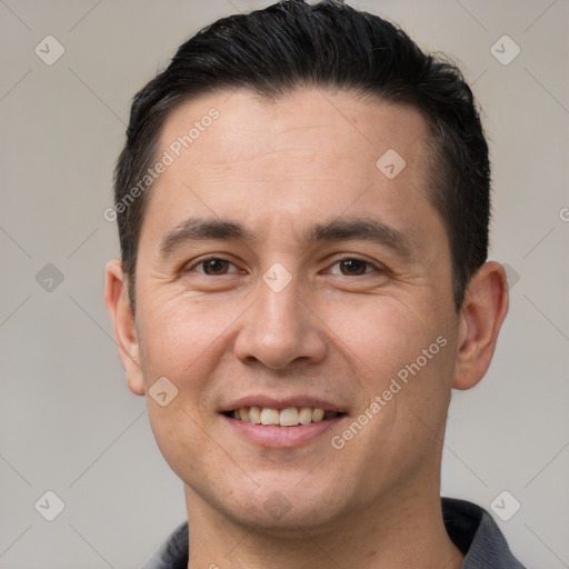 Joyful white young-adult male with short  brown hair and brown eyes