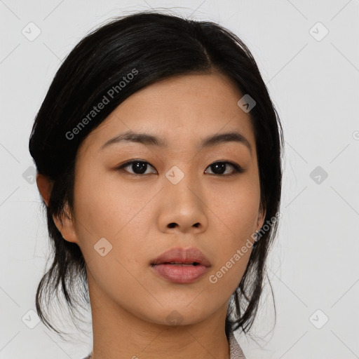 Neutral asian young-adult female with medium  black hair and brown eyes