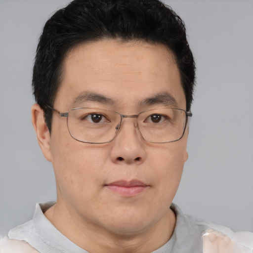 Neutral asian adult male with short  brown hair and brown eyes