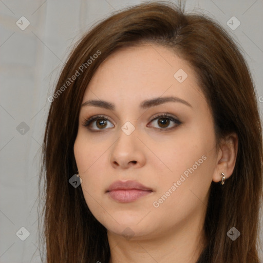 Neutral white young-adult female with long  brown hair and brown eyes