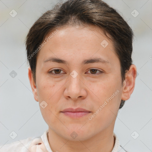 Joyful white young-adult female with short  brown hair and brown eyes