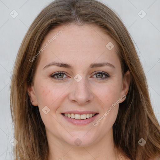 Joyful white young-adult female with long  brown hair and grey eyes