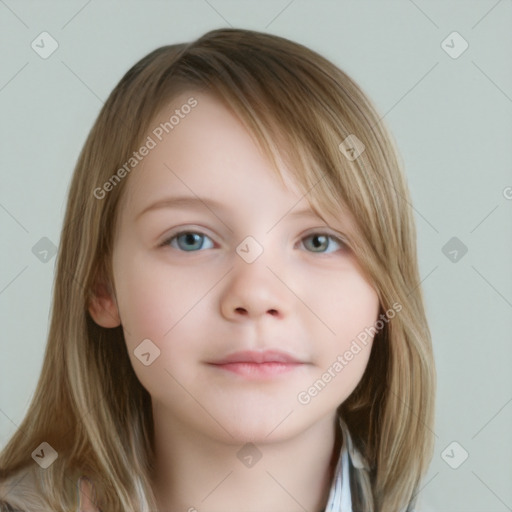 Neutral white child female with medium  brown hair and blue eyes