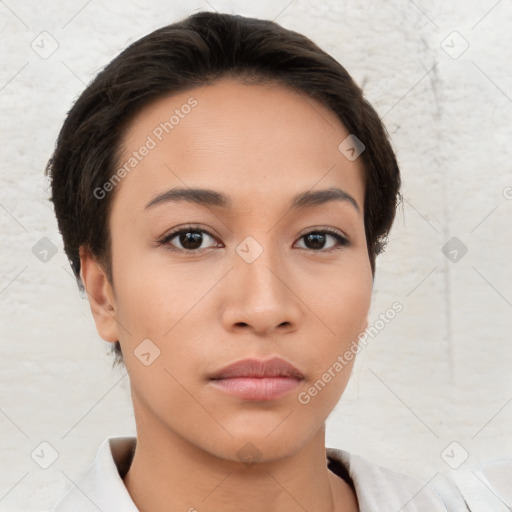 Neutral white young-adult female with short  brown hair and brown eyes