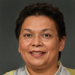 Joyful white middle-aged female with short  brown hair and brown eyes