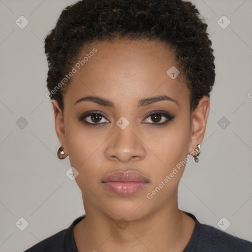 Neutral black young-adult female with short  black hair and brown eyes