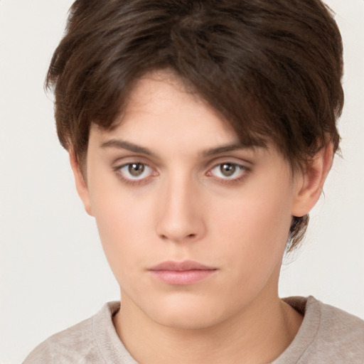 Neutral white young-adult female with short  brown hair and brown eyes