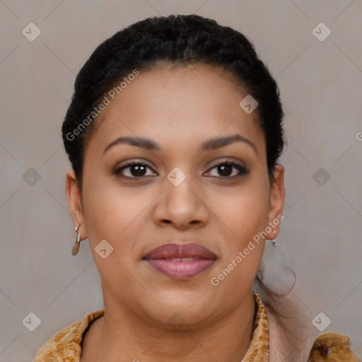 Joyful black young-adult female with short  brown hair and brown eyes