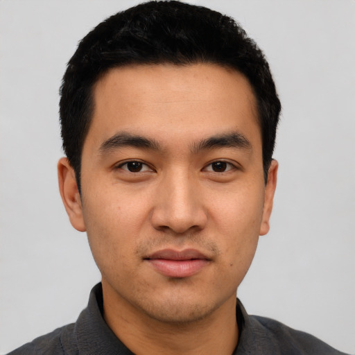 Neutral asian young-adult male with short  black hair and brown eyes