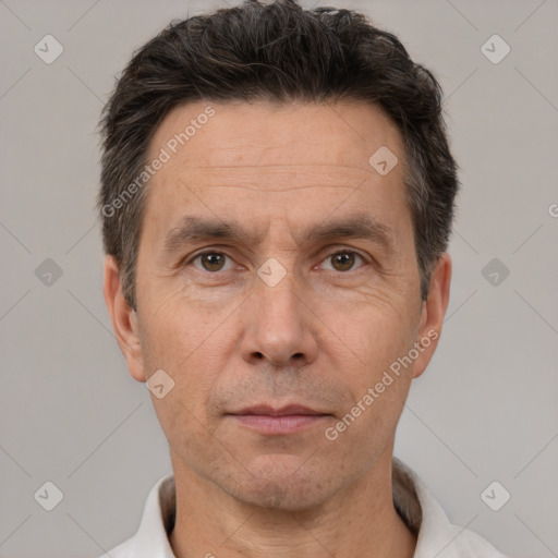 Neutral white adult male with short  brown hair and brown eyes